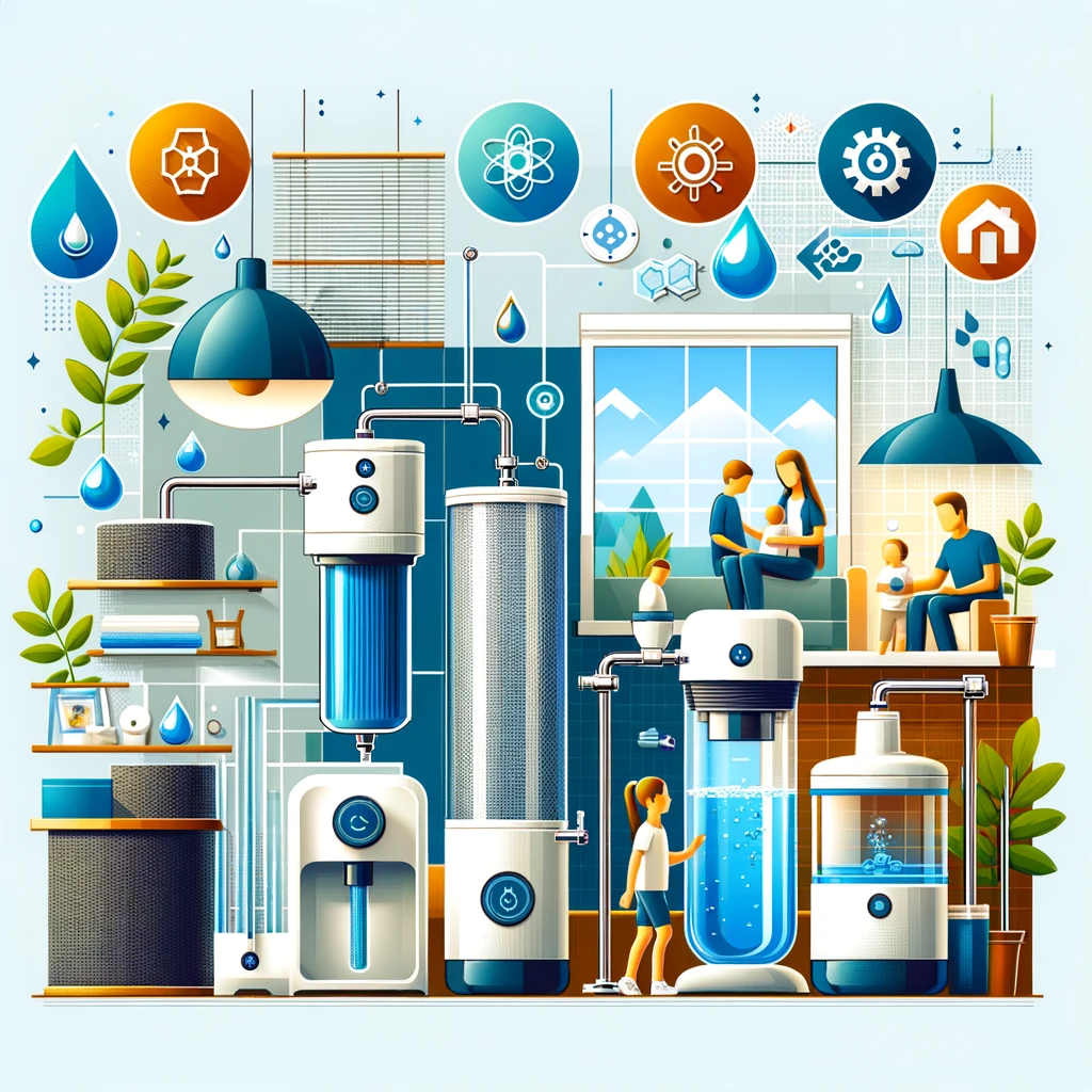 Méthodes modernes de purification de l'eau dans un contexte familial, illustrant l'ultrafiltration, la distillation et les filtres à charbon pour une eau pure et saine