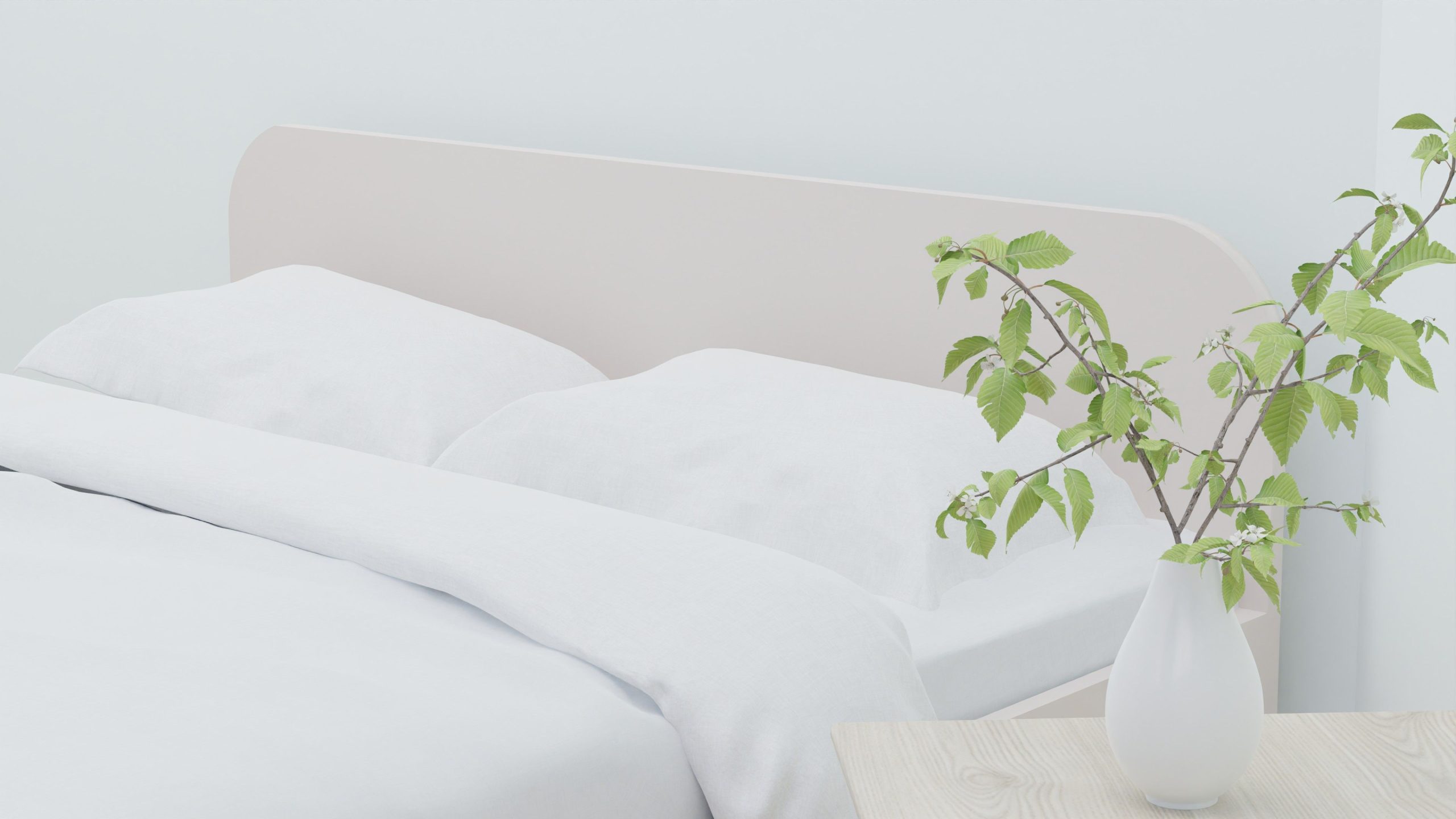 Chambre moderne épurée avec literie blanche et verdure