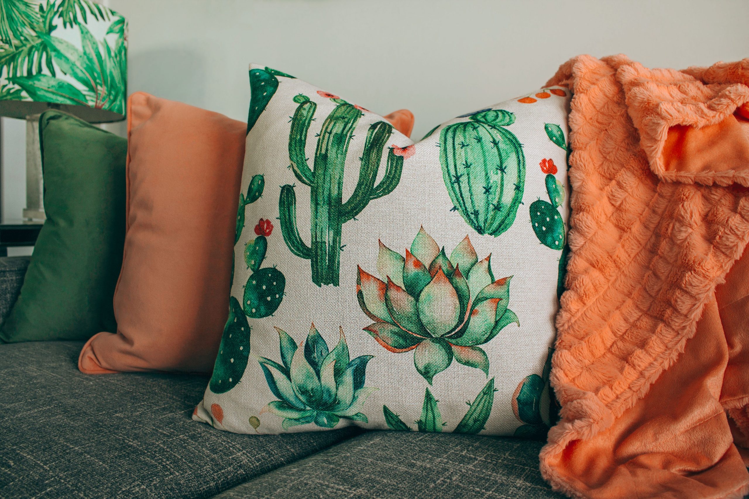 Salon stylé avec coussin cactus et plaid orange